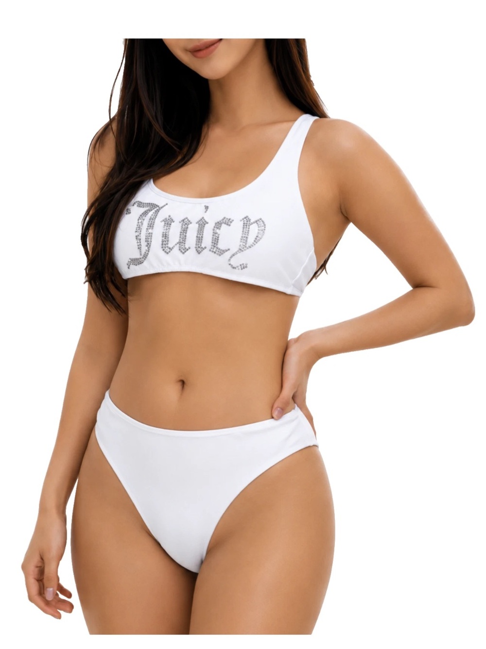 Juicy Couture White Rhinestone Logo Bikini Top